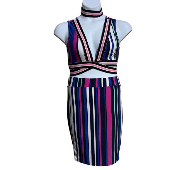 Fashion Nova 2 piece colorful striped set crop top with choker and skirt - small - Picture 1 of 8